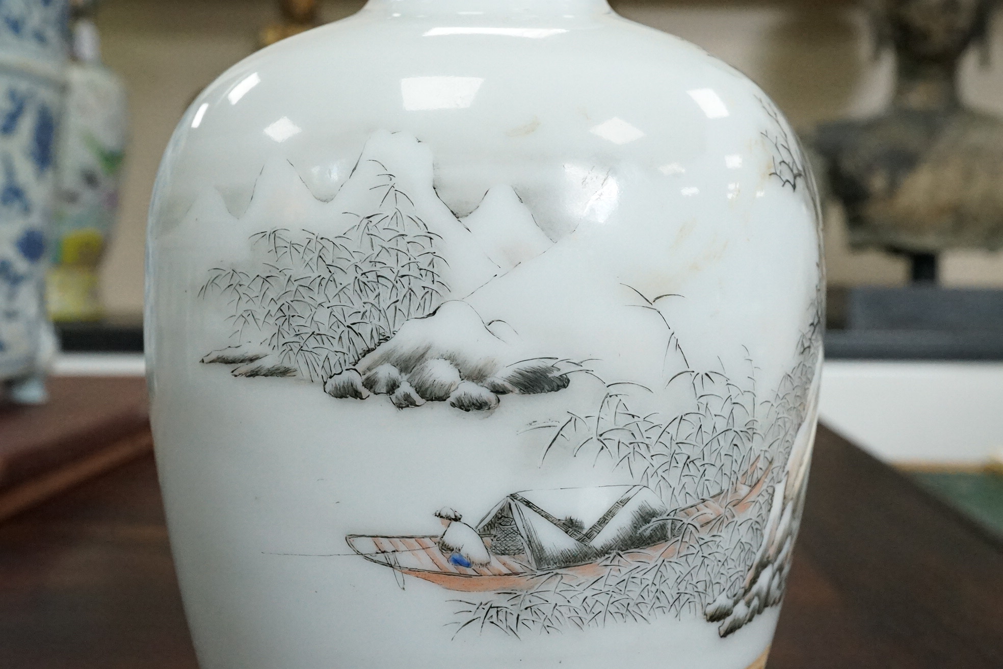 A Chinese inscribed enamelled porcelain ‘Winter landscape’ vase, Qianlong four character mark but Republic period